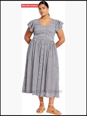 Plus Size Cotton Midi Dress Flutter Sleeve V-Neck
